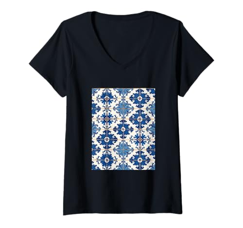 Damen Portugiesisches Fliesenmuster im Azulejo-Stil T-Shirt mit V-Ausschnitt von MaPaNoLi Design
