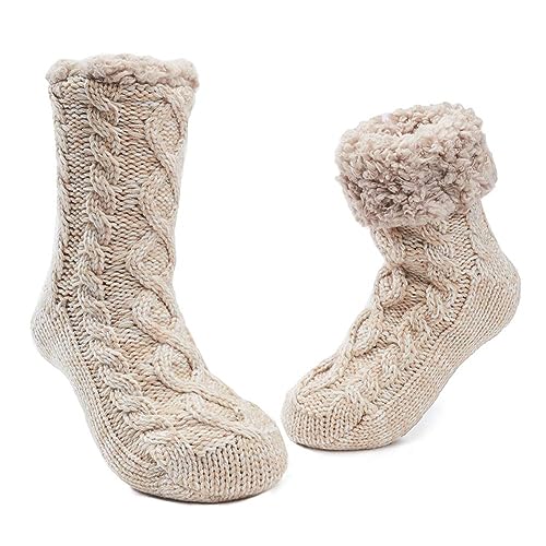 MaaMgic 1 Paar Kuschelsocken mit ABS Sohle, 20+ Stils Hüttensocken | Warme Damen Socken | Wintersocken mit Anti Rutsch Noppen, dicke Haussocken MEHRWEG,Beige 2023 von MaaMgic