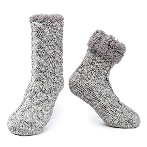 MaaMgic 1 Paar Kuschelsocken mit ABS Sohle, 20+ Stils Hüttensocken | Warme Damen Socken | Wintersocken mit Anti Rutsch Noppen, dicke Haussocken MEHRWEG，Grau Gestrickt von MaaMgic