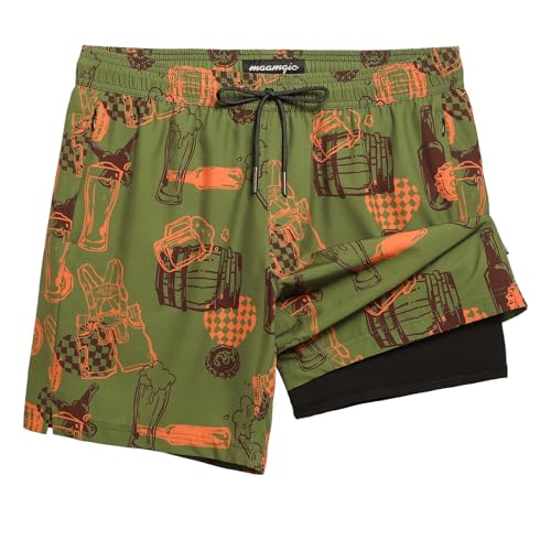 MaaMgic 2 in 1 Badehose für Herren mit Kompression Innenhose | 7" Schnelltrocknend Badeshorts Männer 4 Way Stretch Boardshorts mit Reißverschlusstasche Verstellbar Tunnelzug,7 Bier - Armeegrün,L von MaaMgic