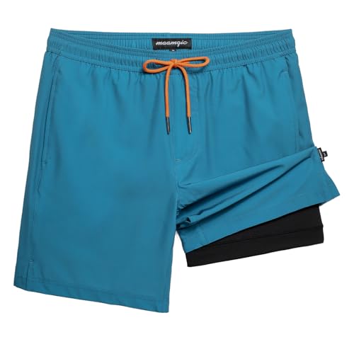 MaaMgic 2 in 1 Badehose für Herren mit Kompression Innenhose | 7" Schnelltrocknend Badeshorts Männer 4 Way Stretch Boardshorts mit Reißverschlusstasche Verstellbar Tunnelzug,Pur Blau und Schwarz,XL von MaaMgic