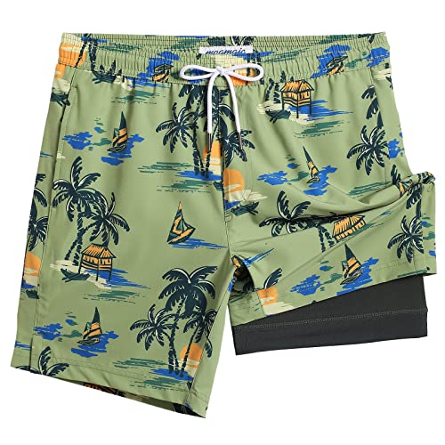 MaaMgic 2 in 1 Badehose für Herren mit Kompression Innenhose | 7" Schnelltrocknend Badeshorts Männer 4 Way Stretch Boardshorts mit Reißverschlusstasche Verstellbar Tunnelzug,XL,Kokosnuss Armee Grün von MaaMgic