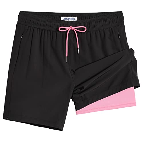 MaaMgic 2 in 1 Badehose für Herren mit Kompression Innenhose | 7" Schnelltrocknend Badeshorts Männer 4 Way Stretch Boardshorts mit Reißverschlusstasche Verstellbar Tunnelzug,XS,Schwarz Rosa von MaaMgic