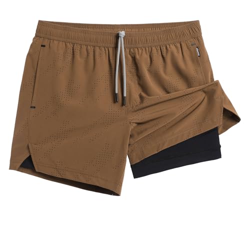 MaaMgic 2 in 1 Laufhose Herren Kurz mit Handytasche Schnell Trocknend 5" Laufshorts mit Innenhose 4 Way Stretch Gym Shorts Sporthose für Running Fitness Workout Athletic,Braun Schwarz,L von MaaMgic