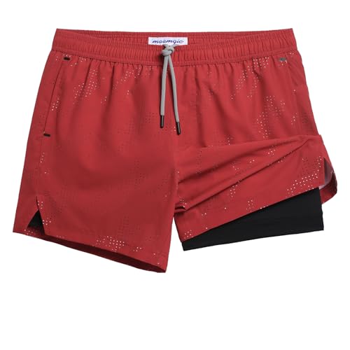 MaaMgic 2 in 1 Laufhose Herren Kurz mit Handytasche Schnell Trocknend 5" Laufshorts mit Innenhose 4 Way Stretch Gym Shorts Sporthose für Running Fitness Workout Athletic,Rot Schwarz,XXL von MaaMgic