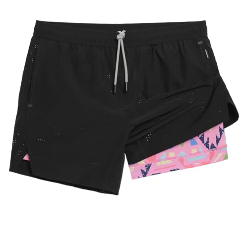 MaaMgic 2 in 1 Laufhose Herren Kurz mit Handytasche Schnell Trocknend 5" Laufshorts mit Innenhose 4 Way Stretch Gym Shorts Sporthose für Running Fitness Workout Athletic,Schwarz Rosa,XXL von MaaMgic