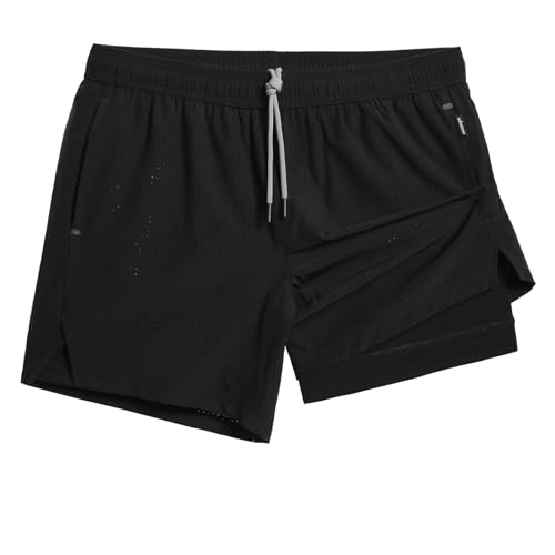 MaaMgic 2 in 1 Laufhose Herren Kurz mit Handytasche Schnell Trocknend 5" Laufshorts mit Innenhose 4 Way Stretch Gym Shorts Sporthose für Running Fitness Workout Athletic,Schwarz Schwarz,XXL von MaaMgic