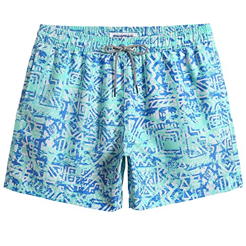 MaaMgic 5.5" Herren Badehose Kurze Badeshorts für Herren Schnelltrocknend mit Mesh-Futter und Verstellbarem Tunnelzug,Schrift Grün Blau 5.5,XL von MaaMgic