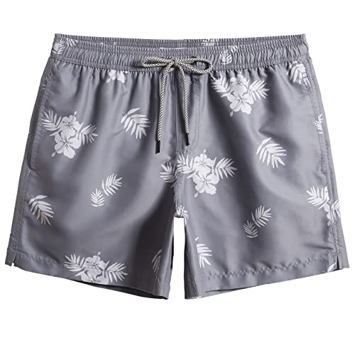 MaaMgic 5.5" Herren Badehose Kurze Badeshorts für Herren Schnelltrocknend mit Mesh-Futter und Verstellbarem Tunnelzug,Weiß Blume Grau 5.5,S von MaaMgic