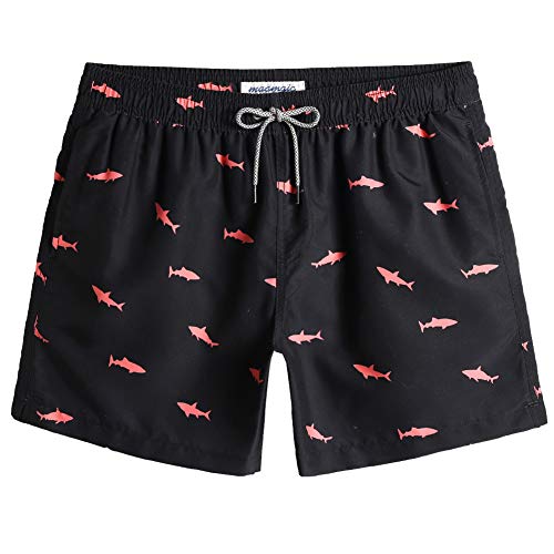 MaaMgic 5.5" Herren Badeshorts, kurz Badehose Boardshorts für Männer mit Kordelzug, Schnelltrocknend Kurze Hosen mit Mesh-Futter MEHRWEG,Schwarz Rosa Hai,X-Small von MaaMgic