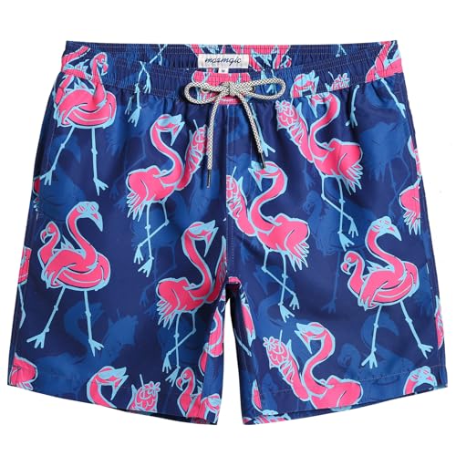 MaaMgic Badehose Herren Badeshorts Männer Schnelltrocknend Boardshorts Surfen Strandhose mit Kordelzug,Tasche und Mesh-Futter,Flamingo - Marineblau,L von MaaMgic