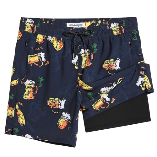 MaaMgic Badehose Herren Badeshorts mit Kompression 2 in 1 | 7" Schnelltrocknend Badehosen Boardshorts Schwimmhose Mit Innenhose Reißverschlusstasche,Bier - Schwarz,XXL von MaaMgic