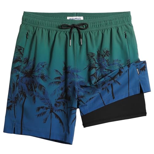 MaaMgic Badehose Herren Badeshorts mit Kompression 2 in 1 | 7" Schnelltrocknend Strandhose für Männer Kurz Boardshorts Mit Innenhose Reißverschlusstasche XS-XXL,Kokosnuss-Gradient-Grün,L von MaaMgic