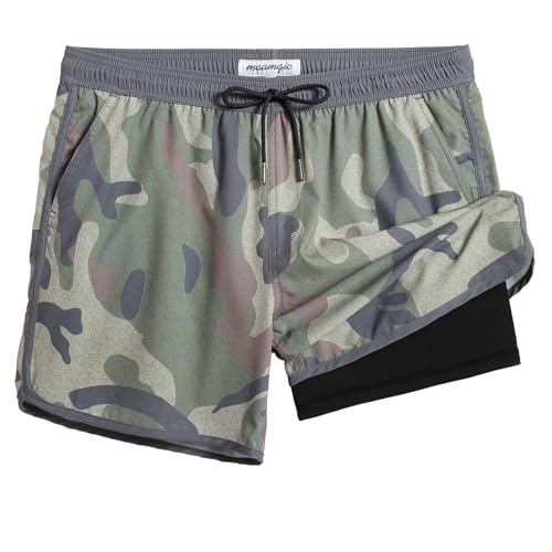 MaaMgic Badehose Herren Kurz Retro Vintage Männer Badeshorts mit Kompression Innenhose 2 in 1 Schnelltrocknend 4 Way Stretch und Verstellbar Tunnelzug MEHRWEG,Camouflage Schwarz Grün,M von MaaMgic