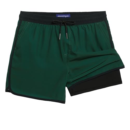 MaaMgic Badehose Herren Kurz Retro Vintage Männer Badeshorts mit Kompression Innenhose 2 in 1 Schnelltrocknend 4 Way Stretch und Verstellbar Tunnelzug MEHRWEG,Dunkelgrün,L von MaaMgic