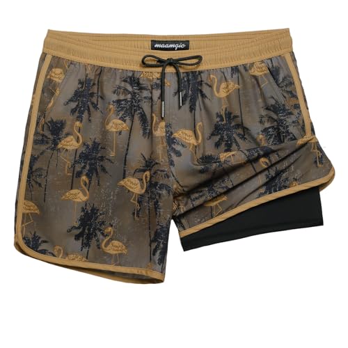 MaaMgic Badehose Herren Kurz Retro Vintage Männer Badeshorts mit Kompression Innenhose 2 in 1 Schnelltrocknend 4 Way Stretch und Verstellbar Tunnelzug MEHRWEG,Flamingo Palmen Hellbraun,XXL von MaaMgic
