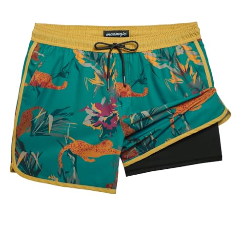 MaaMgic Badehose Herren Kurz Retro Vintage Männer Badeshorts mit Kompression Innenhose 2 in 1 Schnelltrocknend 4 Way Stretch und Verstellbar Tunnelzug MEHRWEG,Leopard Rote Blume Gelb Dunkelgrün,XL von MaaMgic