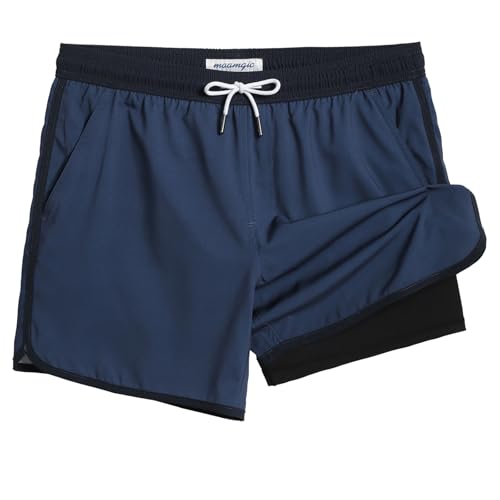 MaaMgic Badehose Herren Kurz Retro Vintage Männer Badeshorts mit Kompression Innenhose 2 in 1 Schnelltrocknend 4 Way Stretch und Verstellbar Tunnelzug MEHRWEG,Navy Blau,XS von MaaMgic