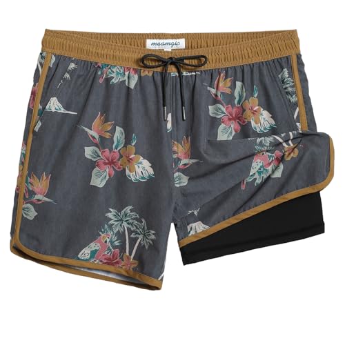 MaaMgic Badehose Herren Kurz Retro Vintage Männer Badeshorts mit Kompression Innenhose 2 in 1 Schnelltrocknend 4 Way Stretch und Verstellbar Tunnelzug MEHRWEG,Papagei Palme Blume Braun Schwarz,M von MaaMgic
