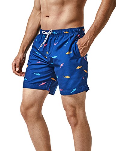 MaaMgic Badehose Herren Schnelltrocknende Badeshorts Jungen Strand Strandurlaub Surf Freizeit Laufen Sport mit Netzfutter Taschen einstellbare Kordelzug MEHRWEG-L-Hai Tiefblau von MaaMgic