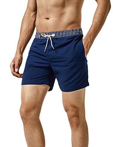 MaaMgic Badehose Herren Schnelltrocknende Badeshorts Jungen Strand Strandurlaub Surf Freizeit Laufen Sport mit Netzfutter Taschen einstellbare Kordelzug MEHRWEG-XXL-Navy Blau Weiß Bund von MaaMgic