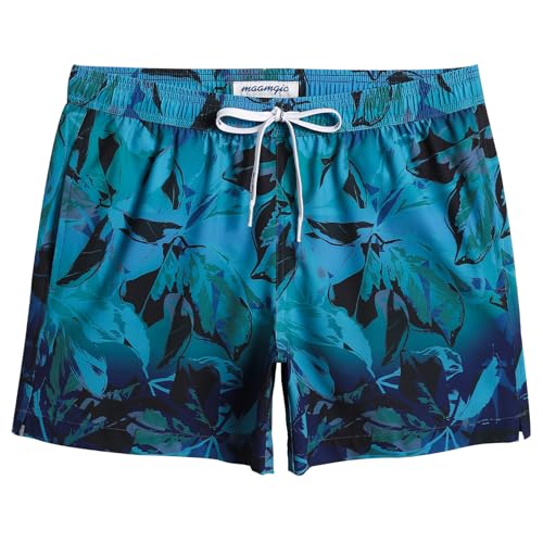 MaaMgic Badehose Herren kurz Badeshorts Stretch Boardshorts Badehosen Schnelltrocknend mit Mesh-Futter und Verstellbarem Tunnelzug,Blatt-Blau-Grün,XXL von MaaMgic