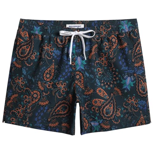 MaaMgic Badehose Herren kurz Badeshorts Stretch Boardshorts Badehosen Schnelltrocknend mit Mesh-Futter und Verstellbarem Tunnelzug,Prächtige Federn - Dunkelgrün,L von MaaMgic