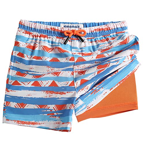 MaaMgic Badehose Jungen Badeshorts Kinder | Schnelltrocknend Schwimmhose Kurz Swim Shorts für Kleine | 2 in 1 Boardshorts mit Kompression Tasche Verstellbare Tunnelzug MEHRWEG,Gestreift,4 Jahre von MaaMgic