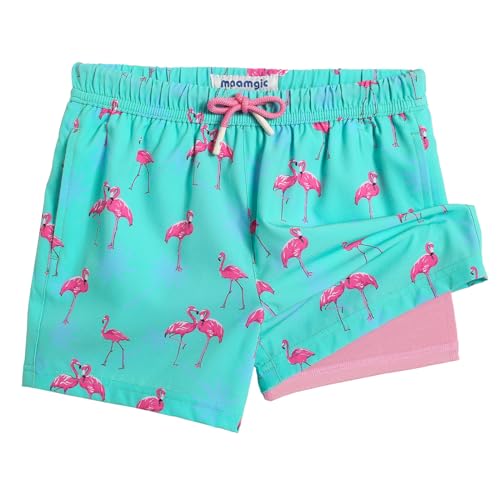 MaaMgic Badehose Jungen Badeshorts Kinder | Schnelltrocknend Schwimmhose Kurz Swim Shorts für Kleine | 2 in 1 Boardshorts mit Kompression Tasche Verstellbare Tunnelzug MEHRWEG,Palme Flamingo,14-16 von MaaMgic