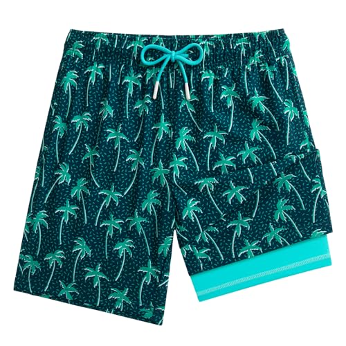 MaaMgic Badehose Jungen Badeshorts Kinder Schnelltrocknend Schwimmhose Kurze Swim Shorts für Kleine Boardshorts mit Kompression Taschen Verstellbare Tunnelzug MEHRWEG,Navy Grün Kokosnuss,14-16 Jahre von MaaMgic