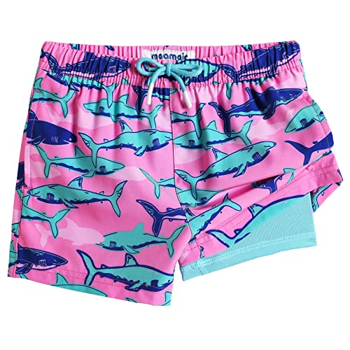 MaaMgic Badehose Jungen Badeshorts Kinder Schnelltrocknend Schwimmhose Kurze Swim Shorts für Kleine Boardshorts mit Kompression Taschen Verstellbare Tunnelzug MEHRWEG,Rosa Blau Hai,14-16 Jahre von MaaMgic