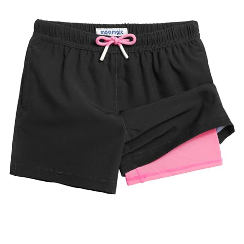 MaaMgic Badehose Jungen Kinder | Schnelltrocknend Kurz Swim Shorts für Kleine | 2 in 1 Badeshorts mit Kompression Innenhose Taschen Verstellbare Tunnelzug MEHRWE,19 Schwarz und Rosa,8 Jahre von MaaMgic