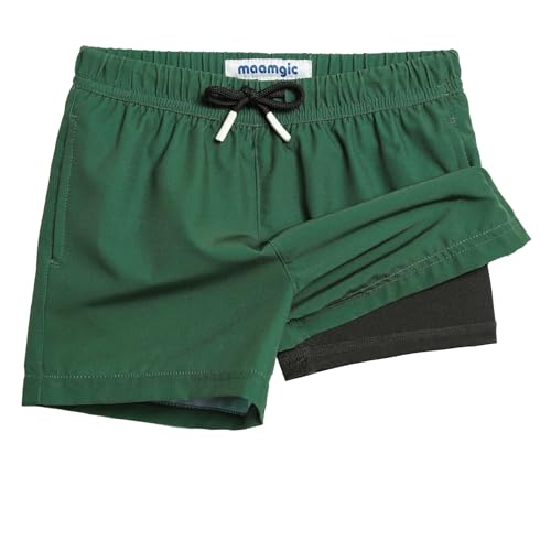 MaaMgic Badehose Jungen Kinder | Schnelltrocknend Kurz Swim Shorts für Kleine | 2 in 1 Badeshorts mit Kompression Innenhose Taschen Verstellbare Tunnelzug MEHRWE,20 Glücklich Grün,10-12 Jahre von MaaMgic