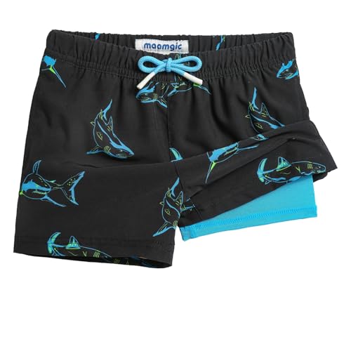 MaaMgic Badehose Jungen Kinder | Schnelltrocknend Kurz Swim Shorts für Kleine | 2 in 1 Badeshorts mit Kompression Innenhose Taschen Verstellbare Tunnelzug MEHRWE,21 Hai Navy Königsblau,4 Jahre von MaaMgic