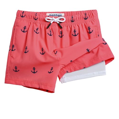 MaaMgic Badehose Jungen Kinder | Schnelltrocknend Kurz Swim Shorts für Kleine | 2 in 1 Badeshorts mit Kompression Innenhose Taschen Verstellbare Tunnelzug MEHRWE,22 Rosa Anker Weiß,7 Jahre von MaaMgic