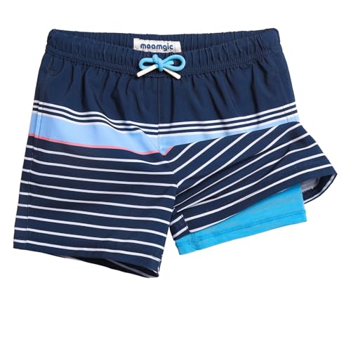 MaaMgic Badehose Jungen Kinder | Schnelltrocknend Kurz Swim Shorts für Kleine | 2 in 1 Badeshorts mit Kompression Innenhose Taschen Verstellbare Tunnelzug MEHRWE,23 Navy Blau Gestreift,8 Jahre von MaaMgic