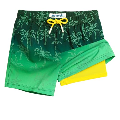 MaaMgic Badehose Jungen Kinder | Schnelltrocknend Kurz Swim Shorts für Kleine | 2 in 1 Badeshorts mit Kompression Innenhose Taschen Verstellbare Tunnelzug MEHRWE,24 Glücklich Grün Palme,14-16 Jahre von MaaMgic
