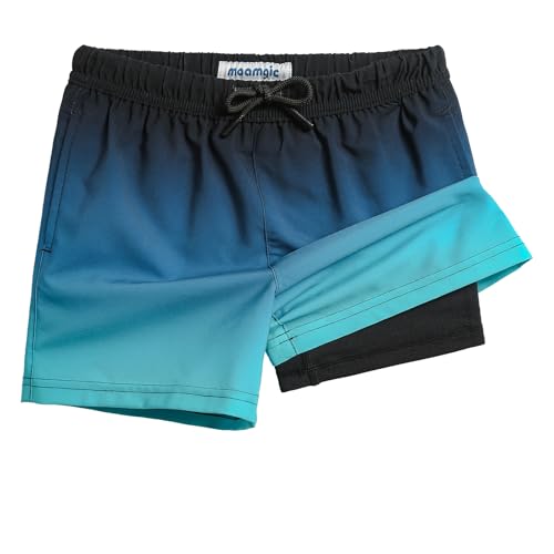MaaMgic Badehose Jungen Kinder | Schnelltrocknend Kurz Swim Shorts für Kleine | 2 in 1 Badeshorts mit Kompression Innenhose Taschen Verstellbare Tunnelzug MEHRWE,25 Blau und Schwarz,4 Jahre von MaaMgic