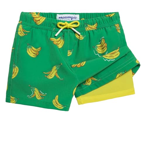 MaaMgic Badehose Jungen Kinder | Schnelltrocknend Kurz Swim Shorts für Kleine | 2 in 1 Badeshorts mit Kompression Innenhose Taschen Verstellbare Tunnelzug MEHRWEG,Grasgrün Gleb Bananen,10-12 Jahre von MaaMgic