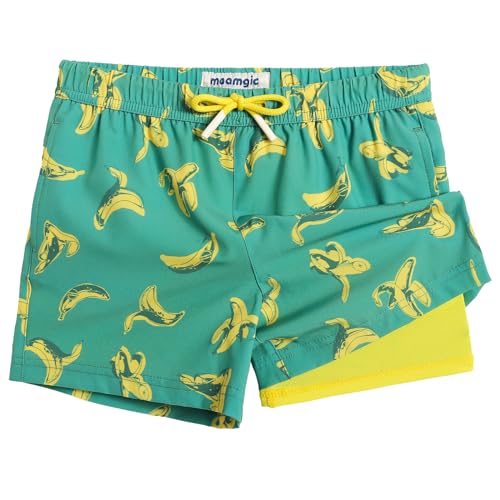 MaaMgic Badehose Jungen Kinder | Schnelltrocknend Kurz Swim Shorts für Kleine | 2 in 1 Badeshorts mit Kompression Innenhose Taschen Verstellbare Tunnelzug MEHRWEG,Große Banane,10-12 Jahre von MaaMgic