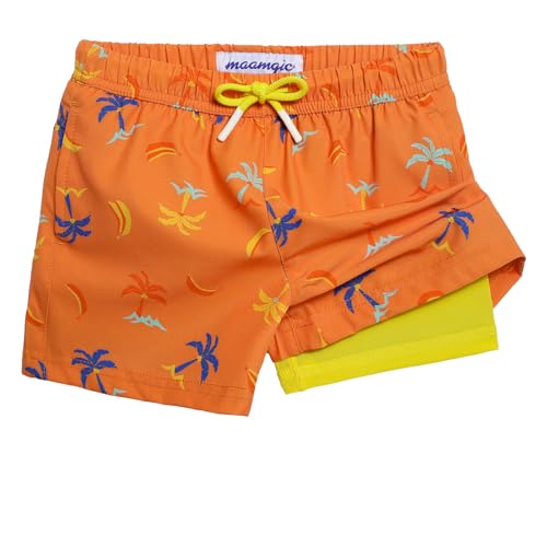 MaaMgic Badehose Jungen Kinder | Schnelltrocknend Kurz Swim Shorts für Kleine | 2 in 1 Badeshorts mit Kompression Innenhose Taschen Verstellbare Tunnelzug MEHRWEG,Orange Gelb Palmen Banane,4 Jahre von MaaMgic