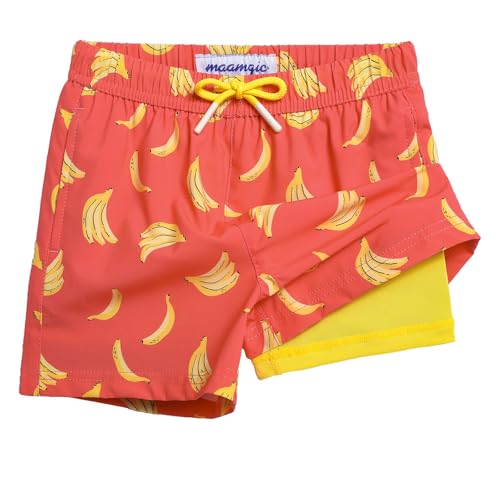 MaaMgic Badehose Jungen Kinder | Schnelltrocknend Kurz Swim Shorts für Kleine | 2 in 1 Badeshorts mit Kompression Innenhose Taschen Verstellbare Tunnelzug MEHRWEG,Orange Rot Gelb Bananen,7 Jahre von MaaMgic