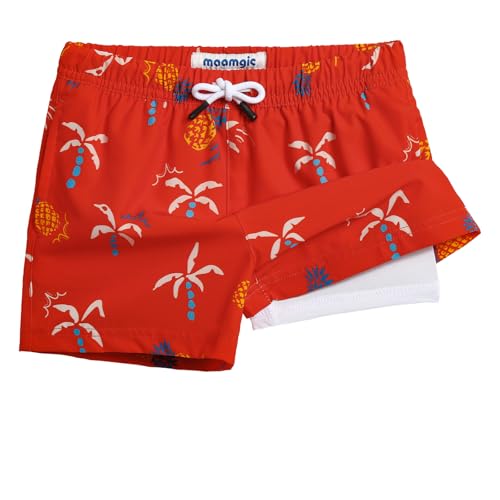 MaaMgic Badehose Jungen Kinder | Schnelltrocknend Kurz Swim Shorts für Kleine | 2 in 1 Badeshorts mit Kompression Innenhose Taschen Verstellbare Tunnelzug MEHRWEG,Rot Weiß Ananas,4 Jahre von MaaMgic
