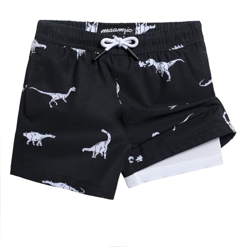MaaMgic Badehose Jungen Kinder | Schnelltrocknend Kurz Swim Shorts für Kleine | 2 in 1 Badeshorts mit Kompression Innenhose Taschen Verstellbare Tunnelzug MEHRWEG,Schwarz Grau Weiß Dino,4 Jahre von MaaMgic