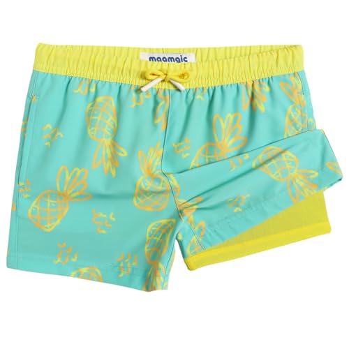 MaaMgic Badehose Jungen Kinder | Schnelltrocknend Schwimmhose Kurz Swim Shorts für Kleine | 2 in 1 Badeshorts mit Kompression Tasche Verstellbare Tunnelzug MEHRWEG,Ananas Hellgrün Gelb,10-12 Jahre von MaaMgic