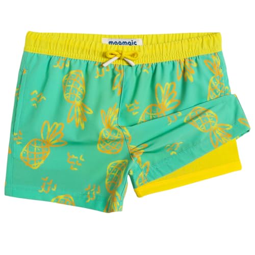 MaaMgic Badehose Jungen Kinder | Schnelltrocknend Schwimmhose Kurz Swim Shorts für Kleine | 2 in 1 Badeshorts mit Kompression Tasche Verstellbare Tunnelzug MEHRWEG,Ananas Hellgrün Gelb,10-12 Jahre von MaaMgic