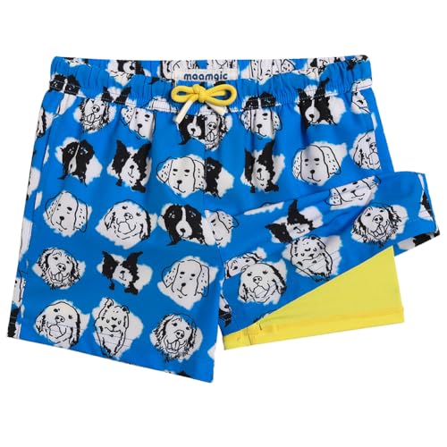 MaaMgic Badehose Jungen Kinder | Schnelltrocknend Schwimmhose Kurz Swim Shorts für Kleine | 2 in 1 Badeshorts mit Kompression Tasche Verstellbare Tunnelzug MEHRWEG,Hund Blau Weiß Gelb,3 Jahre von MaaMgic