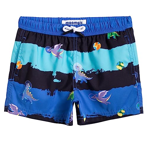 MaaMgic Badehose Jungen Sommer Badeshorts Schnelltrocknend Boardshorts mit Netzfutter Taschen und Verstellbarem Tunnelzug Urlaub Shorts,Blau Gestreift Dino,3 Jahre von MaaMgic