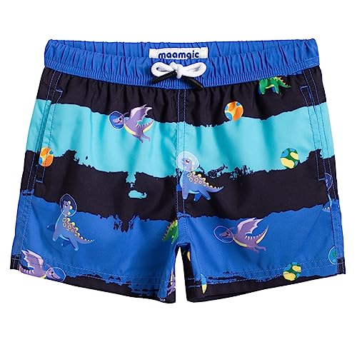 MaaMgic Badehose Jungen Sommer Badeshorts Schnelltrocknend Boardshorts mit Netzfutter Taschen und Verstellbarem Tunnelzug Urlaub Shorts,Blau Gestreift Dino,7 Jahre von MaaMgic