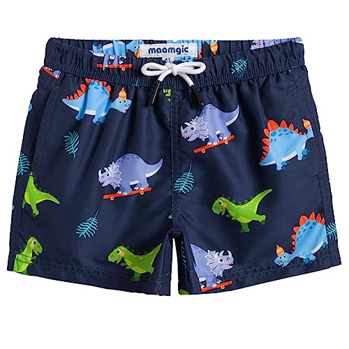 MaaMgic Badehose Jungen Sommer Badeshorts Schnelltrocknend Boardshorts mit Netzfutter Taschen und Verstellbarem Tunnelzug Urlaub Shorts,Blau Navy Dino Palmen,3-4 Jahre alt von MaaMgic
